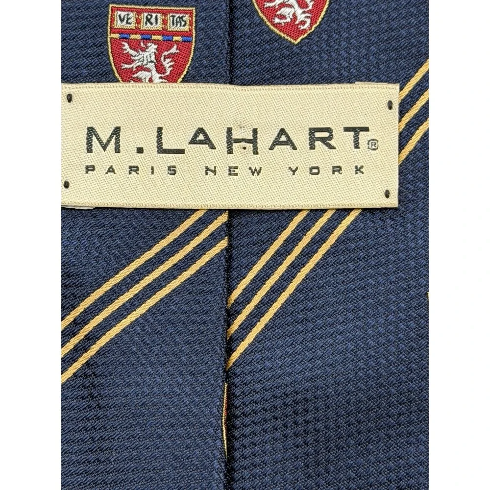 M. La Hart VTG Navy Blue Silk Harvard Striped Necktie Crest Pattern Made In USA